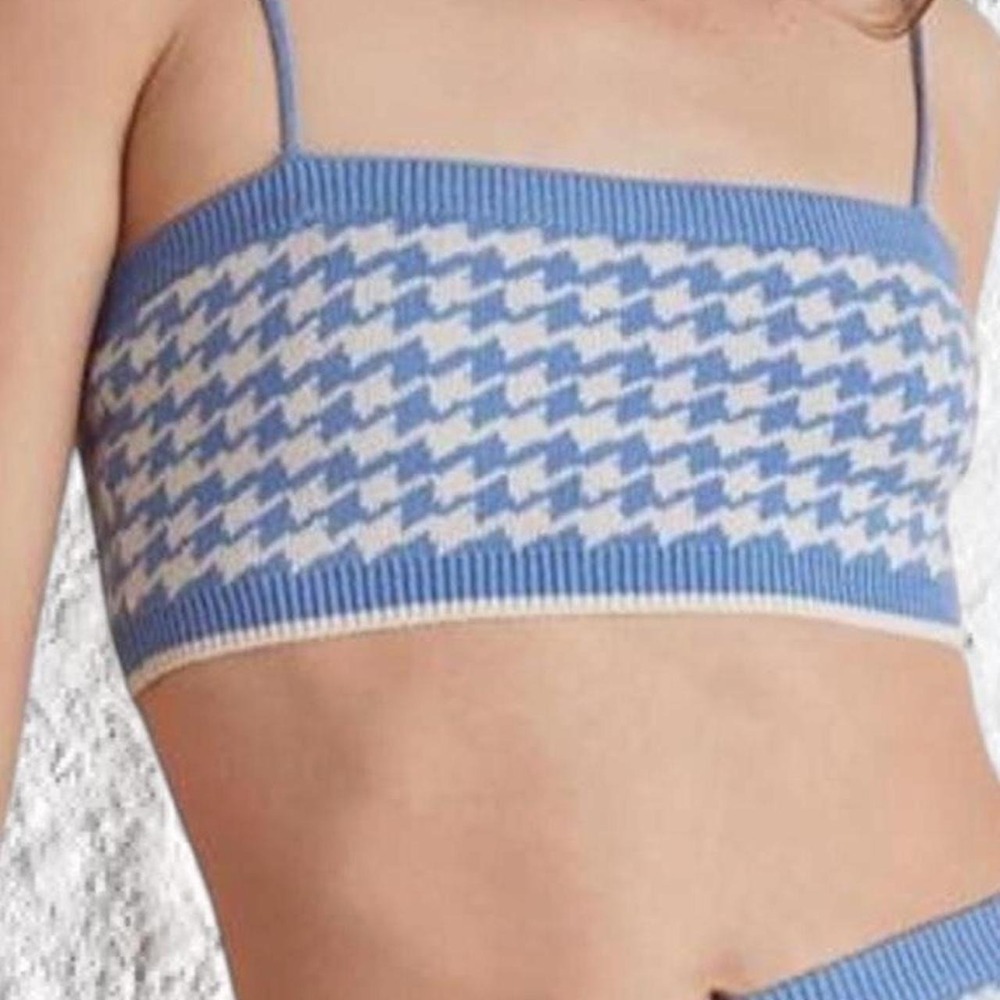 Intimately Free People Blue White Houndstooth Knit Crop Top Small